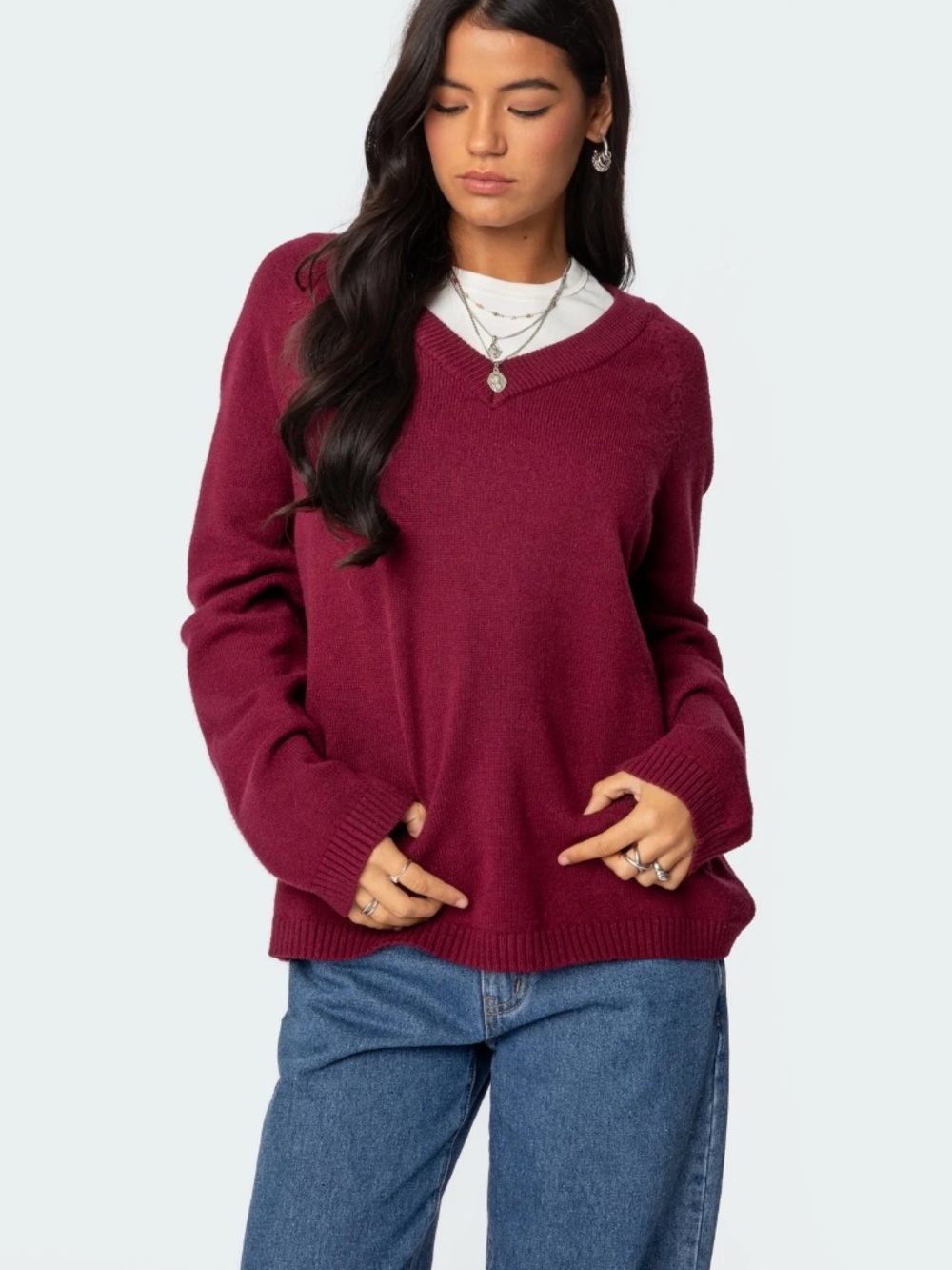 Edikted Martha Oversized V Neck Sweater in Burgundy - Size XS